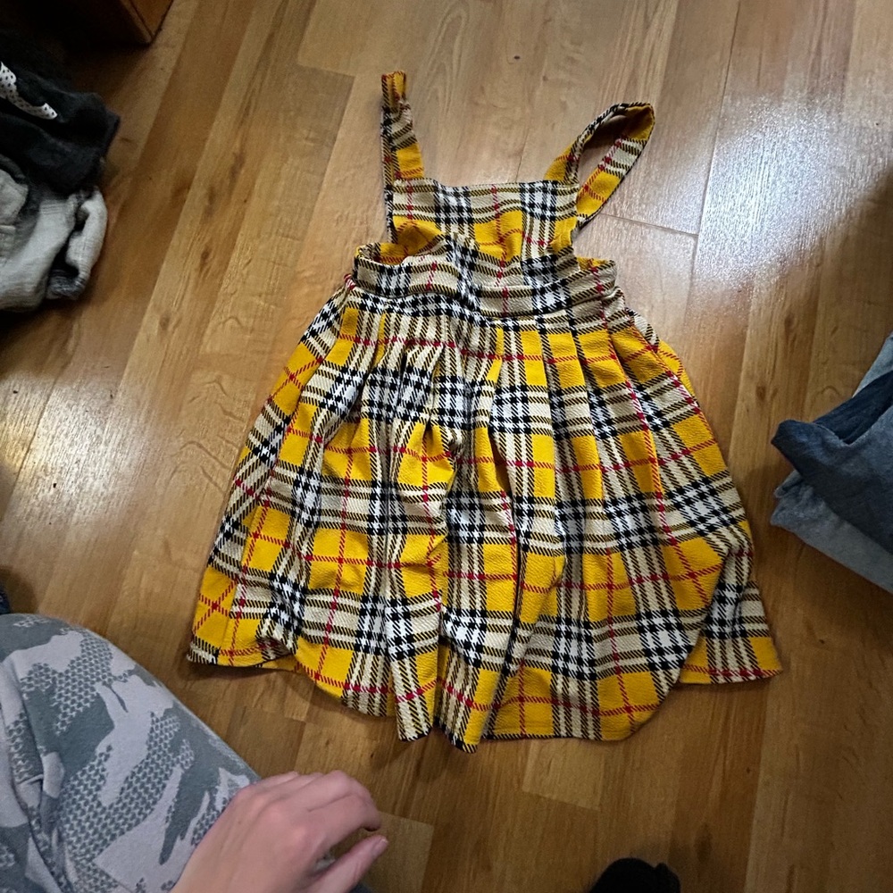 Yellow Plaid Girls' Casual Pinafore Dress with Straps